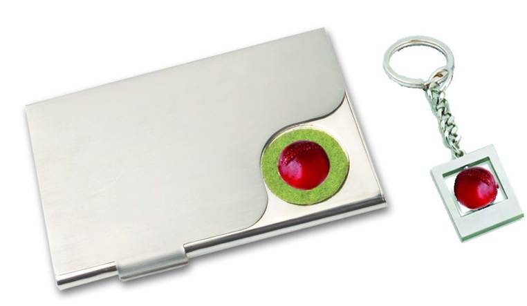 Metal Card Holder with Cricket Ball Keychain
