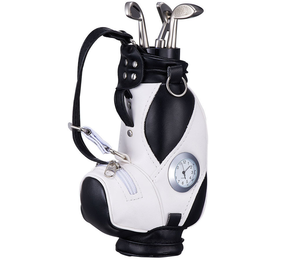 White-Black-Modern-Pen-Holder-Leather-Golf-Design-Built-in-Quartz-Clock-Movement-Analog-Office-Desk