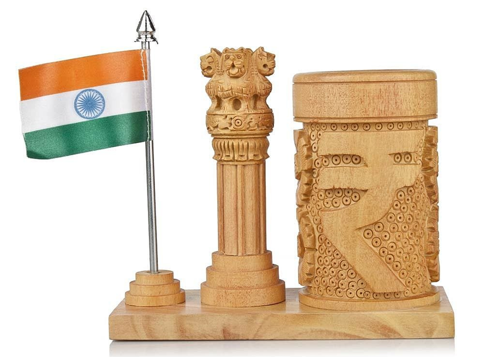 Wooden Ashoka Pillar & Carving Penholder With India Flag Table Piece