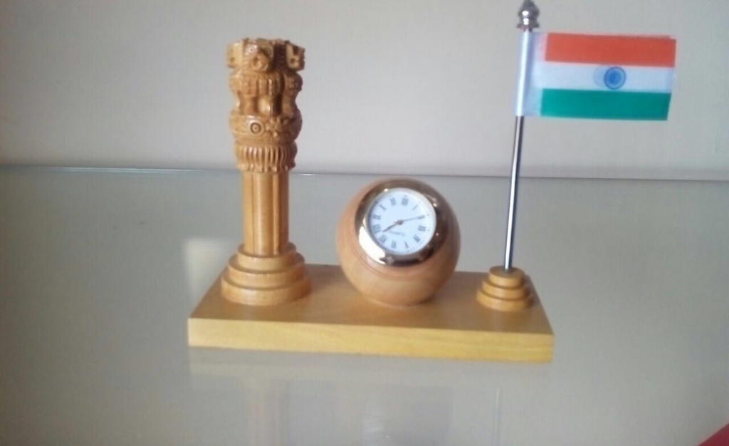 Wooden Ashoka Pillar & Clock With India Flag Table Piece